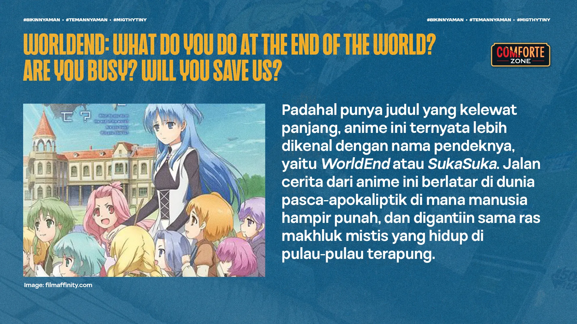 WORLDEND: WHAT DO YOU DO AT THE END OF THE WORLD? ARE YOU BUSY? WILL YOU SAVE US?